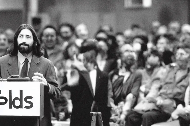 Prompt: jesus christ giving a speech at ted talks, telephoto lens, from far away, nikon f 5 5