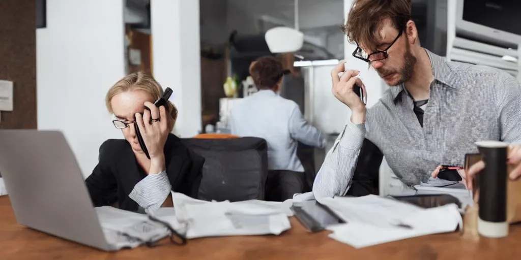 Image similar to a stressed ostrich doing taxes in front of a laptop, trending photo