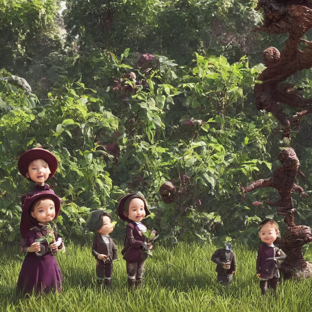 Image similar to a girl and a boy standing next to some alien plants, a small cute alien creature is standing next to them, in a park on a alien planet, looking happy, wearing victorian clothes, ultra realistic facial details, enhanced faces, ultra photorealistic raytracing, 8k