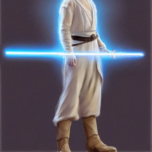 Image similar to full body Over-the-Shoulder Shot of a young blonde male jedi with short hair concept art by Doug Chiang cinematic concept art, realistic painting, high definition, digital art, matte painting, symmetrical, very detailed, realistic, dramatic lighting, cinematic, establishing shot, extremely high detail, photo realistic, cinematic lighting, post processed, concept art, artstation, matte painting, red color scheme, the Mandalorian concept art style