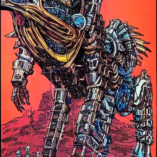 Image similar to middle age knight riding a giant mechanical dragon, art by philippe druillet,