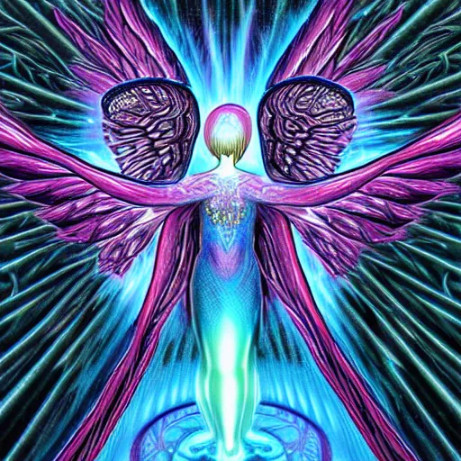 Prompt: A glowing intricate interdimensional angel with multiple eyes and wings coming from a portal by alex gray