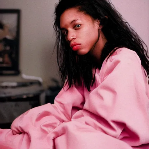 Image similar to realistic! photoshoot for a new vetements lookbook, color film photography, portrait of a beautiful woman, location in a apartment, in style of tyler mitchell, 35mm