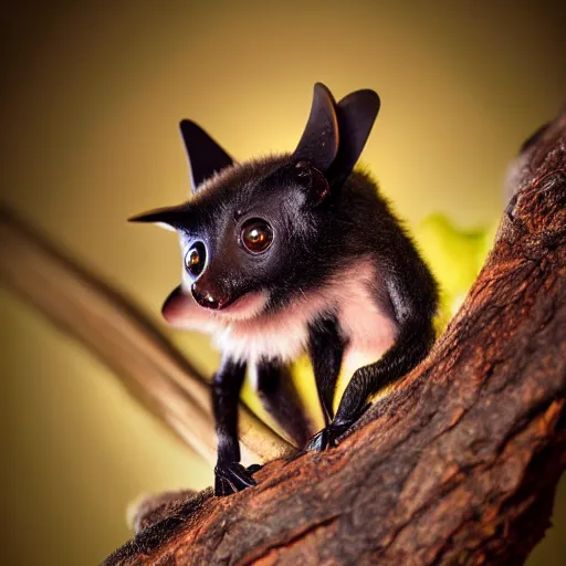 Image similar to very very very very cute chibi baby fruit bat, portrait, pixar style, forest background, cinematic lighting, award winning creature portrait photography