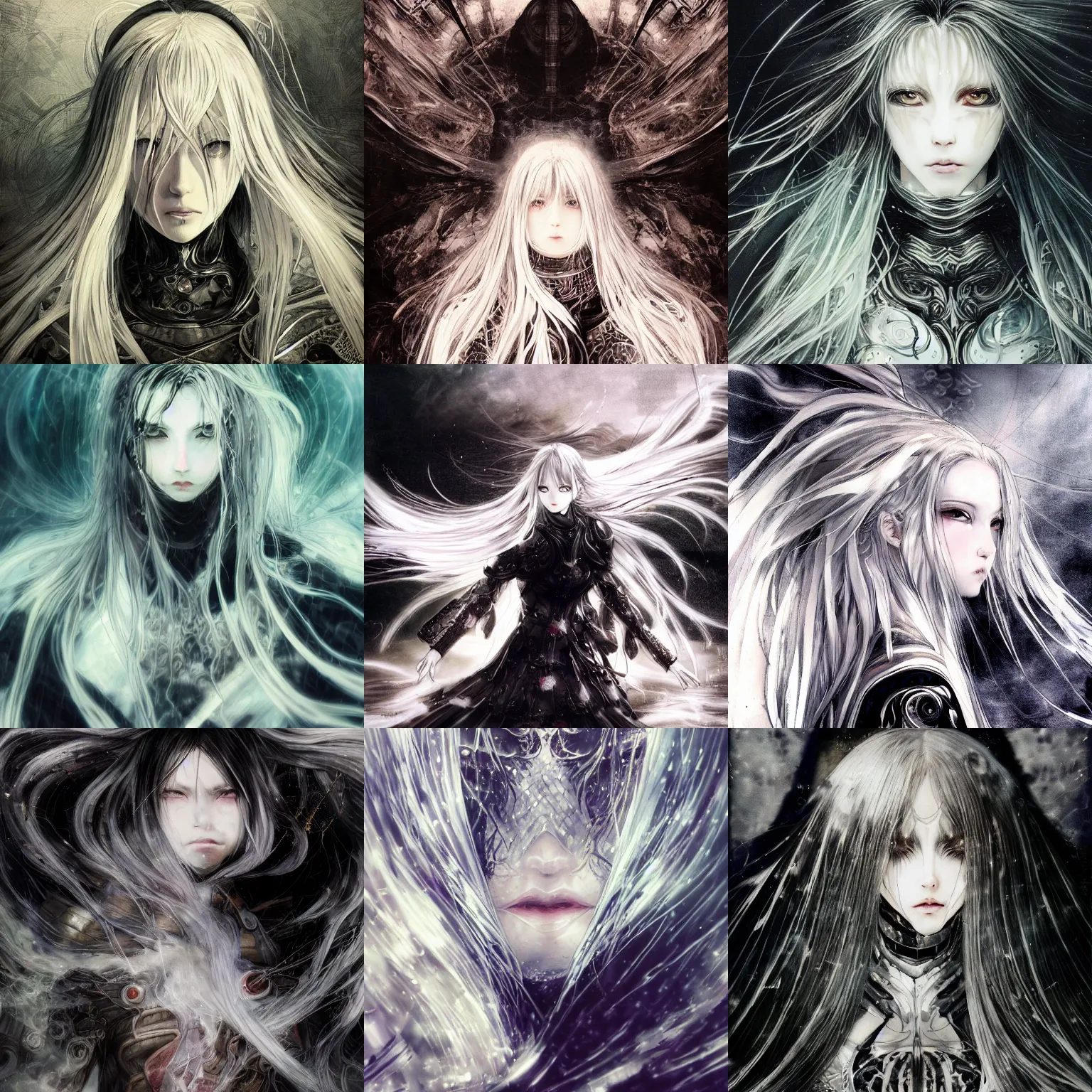 Prompt: yoshitaka amano style illustration, blurred and dreamy photo, anime girl with wavy white hair merging with the background and cracks on her face, elden ring armour with cloak, abstract black and white patterns on the background, noisy film grain effect, highly detailed, renaissance oil painting, weird portrait angle