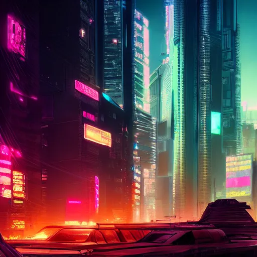 Image similar to cyberpunk city, sunrise, landscape, intricate, detailed, volumetric lighting, scenery, photorealistic, highly detailed, sharp focus, neonlights, 2 0 7 7, blade runner, digital painting, artstation