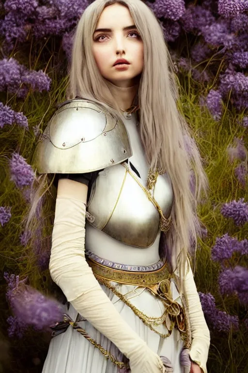 Prompt: sexy ana de armas beautiful and victorian and holy and divine and elite young medieval female white armor knight portrait +shiny eyes+front face with long flowing hair, lilac hair, ultradetail face, gold filigree, full body shot, warm bokeh background, art and illustration by tian zi and craig mullins and WLOP and alphonse mucha, fantasy, sci-fi, intricate complexity, human structure, human anatomy, fantasy character concept, blurry, hyperrealism 8k, warm golden backlit