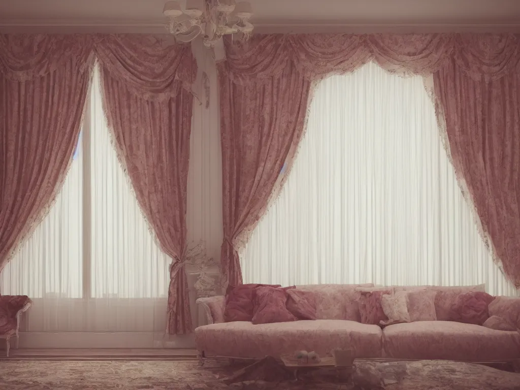 Image similar to 3D render of vintage interior house with very large curtains , High detail, Octane Render, faded colors, pastel colors , lens 35mm, f 8,