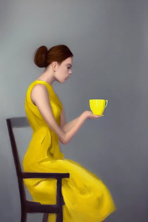 Image similar to a beautiful young woman sitting alone on a chair, she is wearing a yellow dress and holding a cup of tea in both hands, her hair is tied back and she is staring straight into the camera, digital art, oil on canvas, sharp focus, soft lightning, trending on artstation