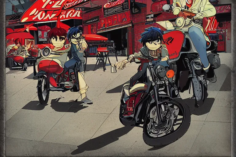 Prompt: pizza restaurant, akira's motorcycle, gorillaz, poster, 8k