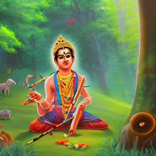 Image similar to photorelastic ,Young Krishna playing flute in forest and all animals listen his melodious music , Zoom out ,artstation, devainart ,illustration, scenery,