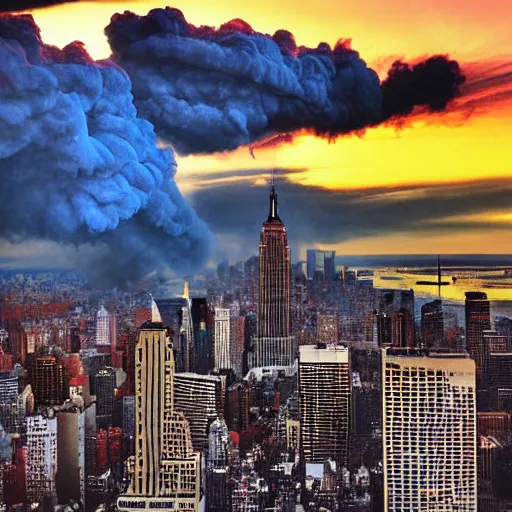 Image similar to destroyed new york city, war, real, blue sky, smoke, red clouds, detailed, award winning, photograph, cinematic