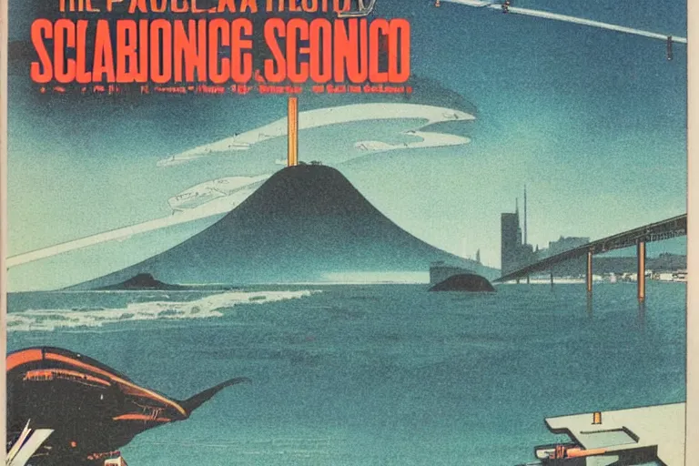 Image similar to 1979 Popular science Magazine Cover of a seawall. In the background is Neo-Tokyo in Akira style by Vincent Di Fate
