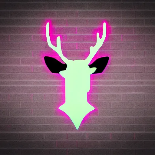 Prompt: logo for corporation that involves deer head, symmetrical, retro pink synthwave style, retro sci fi, neon lighting