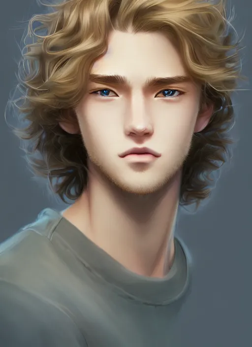 Prompt: young man with medium - length, curly, golden hair, perfectly proportioned face, aquamarine eyes, sorrow, natural lighting, path traced, highly detailed, high quality, cartoon, digital painting, by new haicheng and studio ghibli
