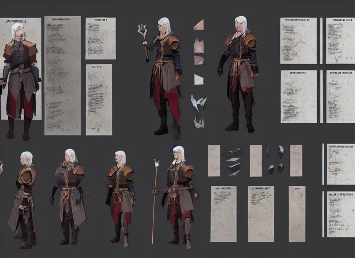 Image similar to character sheet for a beautiful mage for witcher 3, by greg rutkowski, by studio ghibli, digital art, trending on artstation, hd, 8 k, highly detailed, good lighting, beautiful, masterpiece