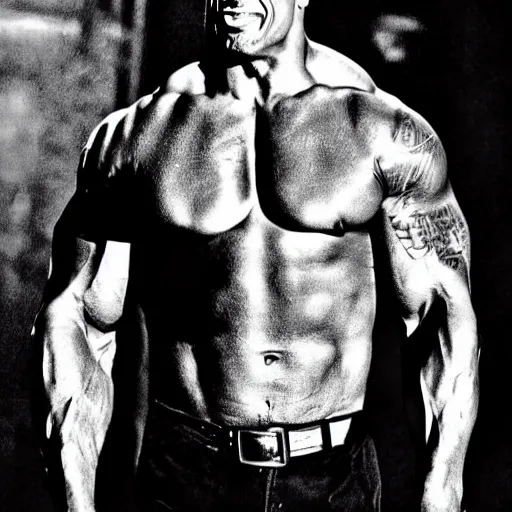 Image similar to the rock dwayne johnson with a mafia dress , photo , Hyperdetailed