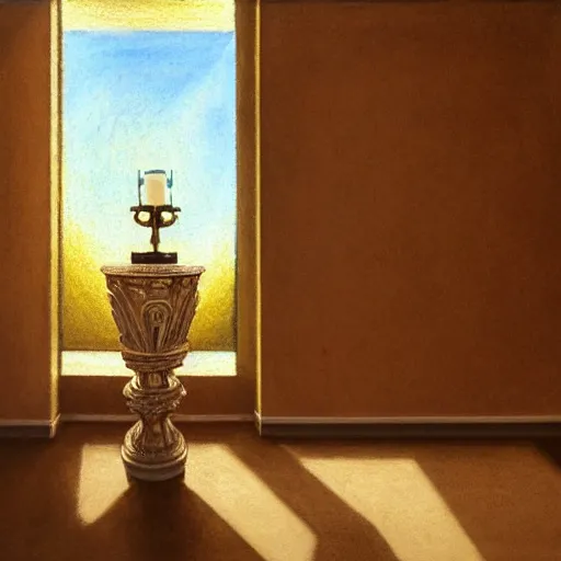 Image similar to still life painting of a room with a balcony and a marbled pedestal displaying an ancient holy artifact, centered in frame and shaped like signet ring, chromed and ornate with gentle iridescent shine from within. perspective from the side. realistic light and shadows. moody fantasy art, still life renaissance pastel painting. close up