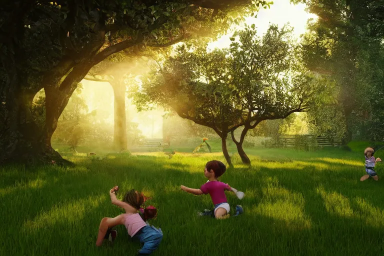 Image similar to kids in the garden are playing, sun breaks through the apple tree, green everywhere, sun, happy, joy, 4k, ultra details, cinematic, epic style, beautiful photo, hyper realistic, octane render, unreal engine, award winning, on artstation, volumetric lightning, masterpiece, golden hour,