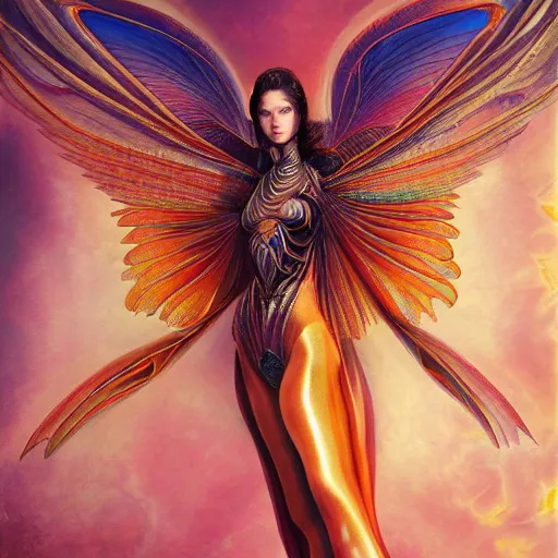 Prompt: a beautiful symmetrical woman full body wearing golden fabric with translucent colorful wings by alex gray and android jones , Karol Bak, Ayami Kojima, Amano , concept art, character design, fantasy,3D, 8k resolution