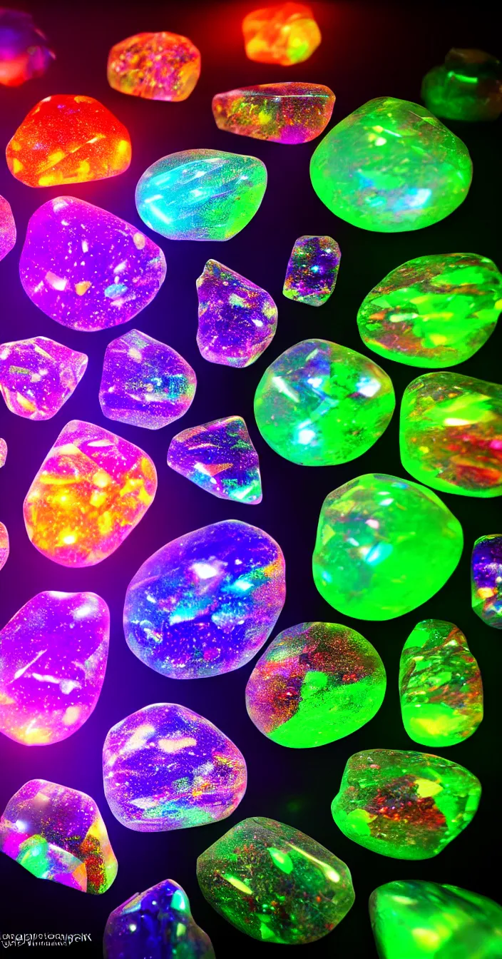 Prompt: realistic photo of multi colorful big transparent stones, glowing light from behind, very sharp focus, in the style of greg rutswoski, very hyper realistic, highly detailed, fantasy art station