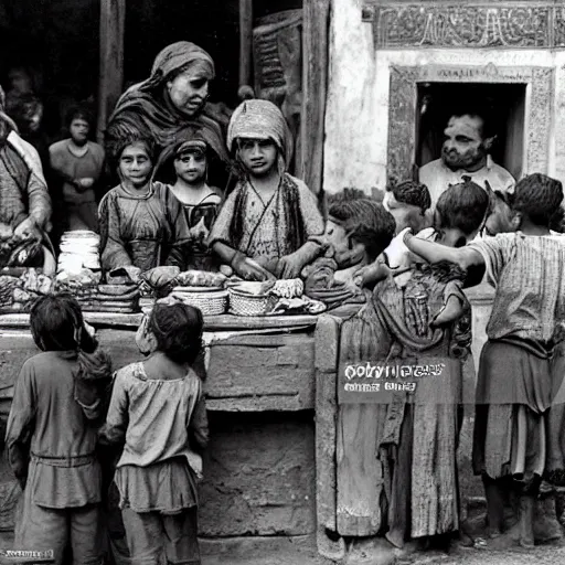 Image similar to poor children beg for money from nobles at the bazar. ancient roman times. cinematic, old photo