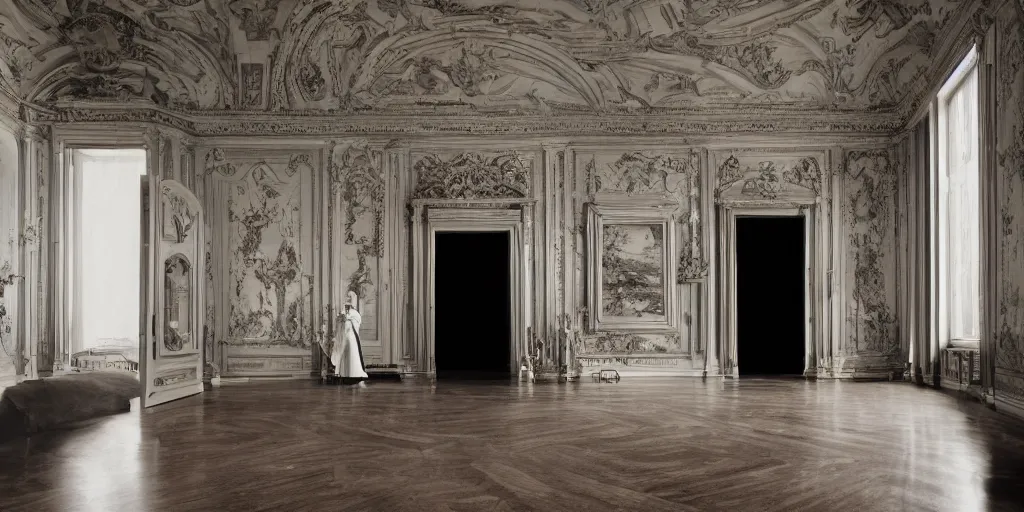 Image similar to Batman standing in giant Italian modern castle living room, clean minimalist design, that is 1300 feet tall, with very tall giant walls filled with modern art paintings, doors that are cosmic portals, photo by Annie Leibovitz