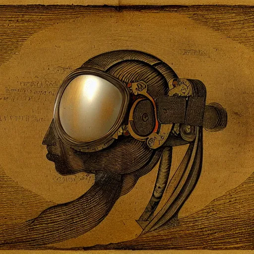 Image similar to Ibn Al Haitham AI lens goggles, futuristic, page, by da vinci