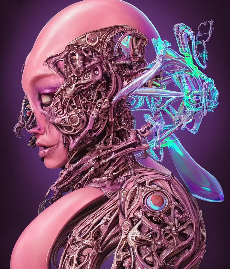 Image similar to fully symmetrical centered iridescent portrait of a beautiful princess demon in robe. skulls artificial muscles, ribcage, bones, hard surface modelling. cyberpunk look. biomechanical mask. bio luminescent biomechanical halo around head. neon jellyfish. artwork by jarold Sng by artgerm, by Eddie Mendoza, by Peter mohrbacher by emil melmoth, by zdzislaw beksinski, unreal engine, octane render, cinematic light, high details, iridescent colors, dichroic, macro, depth of field, blur