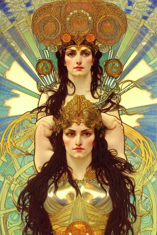 Image similar to The Godess Hera looking angry, detailed armor, portrait, highly detailed, colored pencil, beautiful face, symmetric face, cinematic, art by Alphonse Mucha