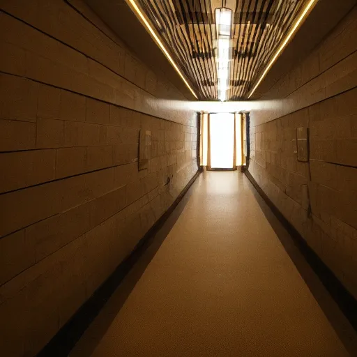 Prompt: a liminal space, very long narrow corridor of a hotel at night, lights on ceiling, ominous, dark, eerie