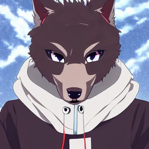 Image similar to key anime visual portrait of a handsome male anthro wolf furry fursona with beautiful eyes, wearing a hoodie, official modern animation