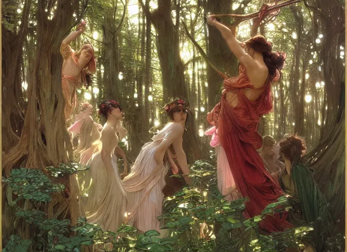 Image similar to will - o'- wisp forest, lush trees, a group of fairies dancing around a maypole, magical, vivid colors, rule of thirds, a fantasy digital painting by alphonse mucha, by greg rutkowski, by john william waterhouse, by james gurney, trending on artstation, highly detailed, sharp lines