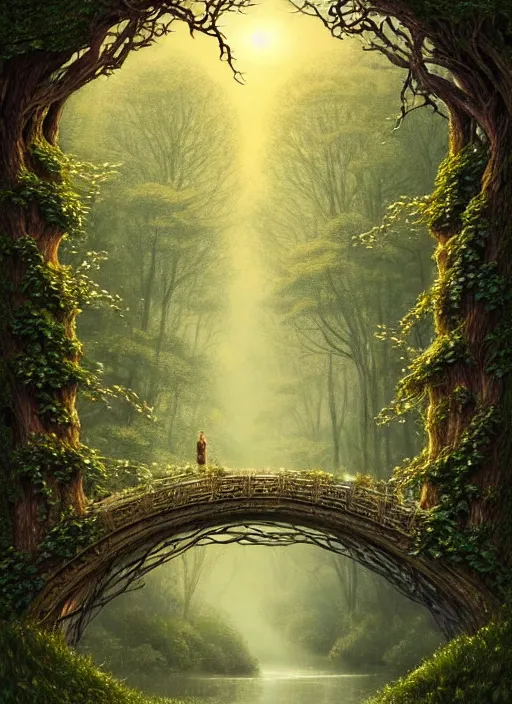 Image similar to book cover!!!!!!!!!!!!, old bridge, ivy vector elements at each border, fantasy forest landscape, fantasy magic, light night, intricate, elegant, sharp focus, illustration, highly detailed, digital painting, concept art, matte, art by wlop and artgerm and ivan shishkin and andrey shishkin, masterpiece