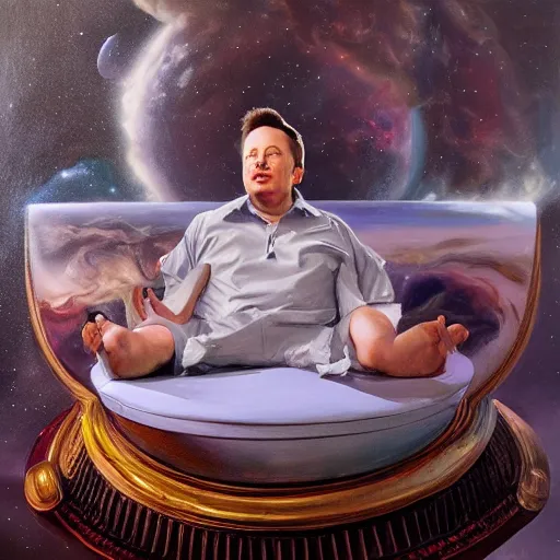 Image similar to Oil Painting of Elon Musk as Cleopatra, sitting on a cloud, ethereal, concept art, hyper realism, sharp focus