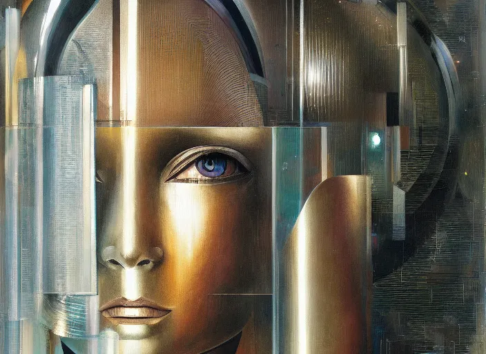 Image similar to a portrait headshot of sci fi metallic human, bright eyes, melancholic complex geometric figure liminal machinery by oskar schlemmer, moebius, john berkey, teamlab, oil on canvas, portrait facial head, featured on artstation, hd wallpaper