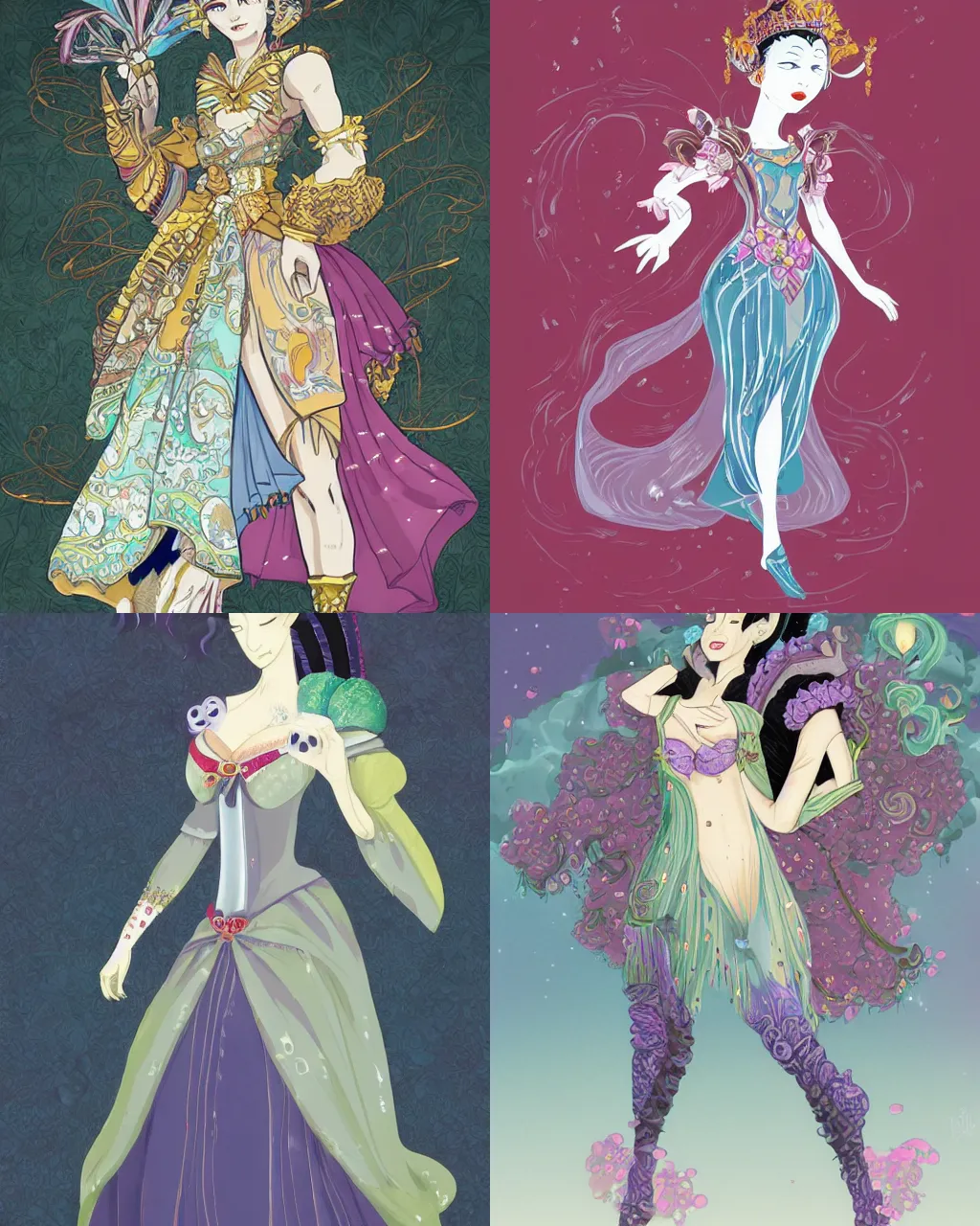 Prompt: a gorgeously dressed fantasy beauty, full body portrait, flat style, bart by yuki ryota and yoshitaka amano and kimio muraoka