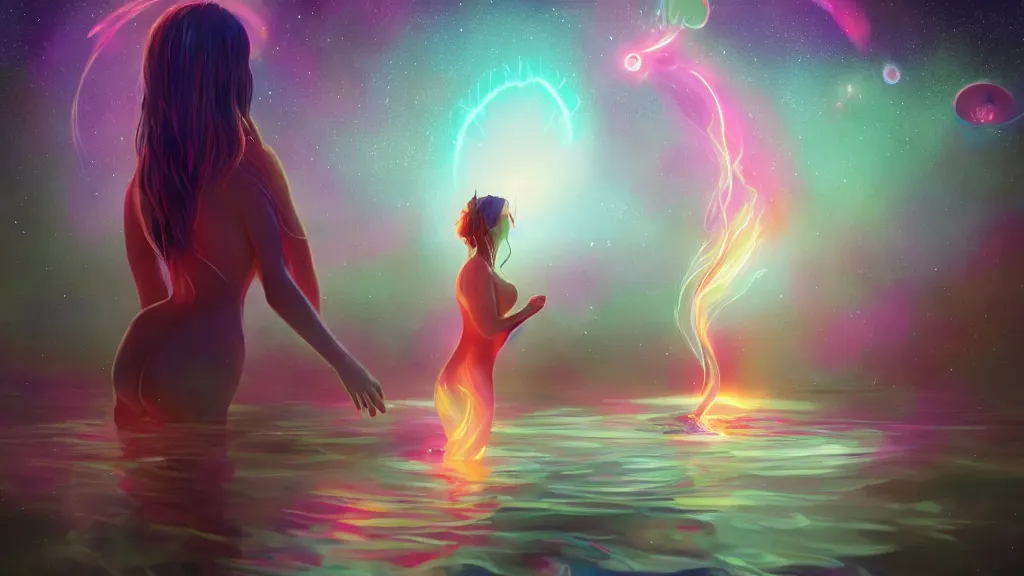 Prompt: a beautiful whimsical goddess standing in a lake basking in the moonlight, underneath a multi-colored binary blackhole with an accretion disc, glowing trails following her arm, by Lois van Baarle, by Greg Rutkowski, by artgerm, by beeple, by studio ghibli, cinematic angle, volumetric lighting, 4k resolution, octane render, trending on artstation, masterpiece