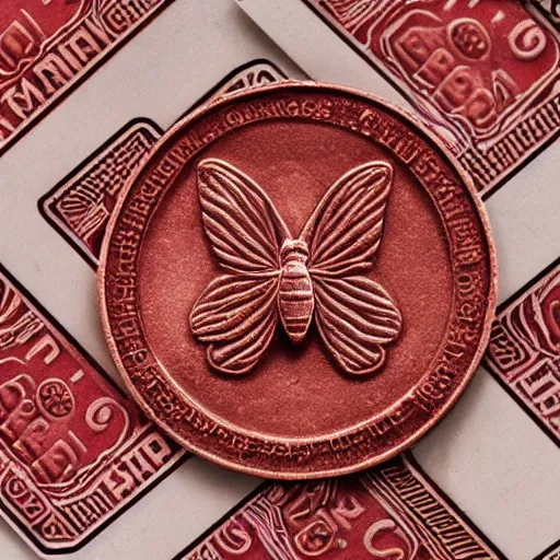 Prompt: red currency depicting a moth, extremely detailed, realistic,