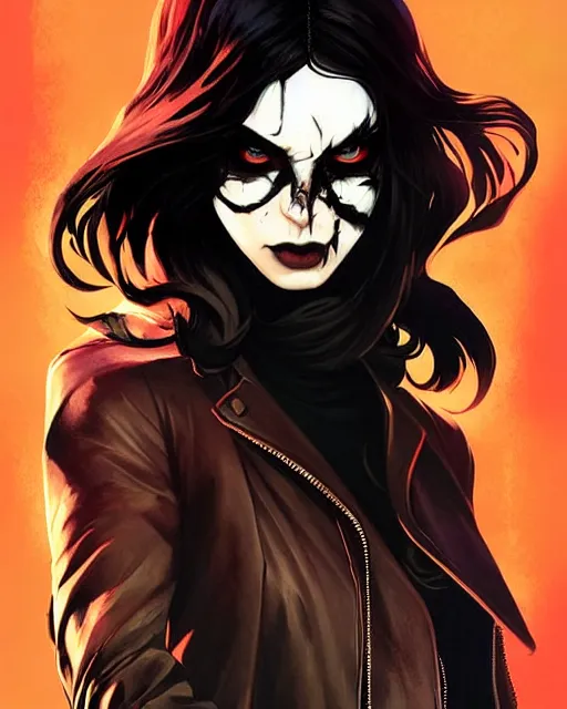 Prompt: Rafael Albuquerque comic cover art, loish, Sam yang, artgerm, Ross tran, pretty female Samara Weaving vampire, very sharp fangs blood on face face, sarcastic smile, symmetrical eyes, symmetrical face, full body long sharp nails, brown leather jacket, jeans, long black hair, middle shot, highly saturated, deep blacks