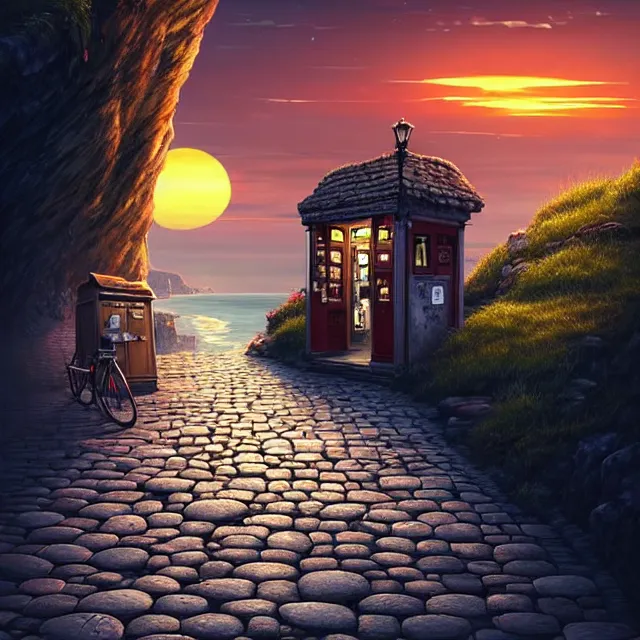 Image similar to epic professional digital art of a lonely cobblestone street with a kiosk on a cliff over the sea at sunset, best on artstation, cgsociety, wlop, Behance, pixiv, astonishing, impressive, outstanding, epic, cinematic, stunning, marketing design, gorgeous, much detail, much wow, masterpiece.