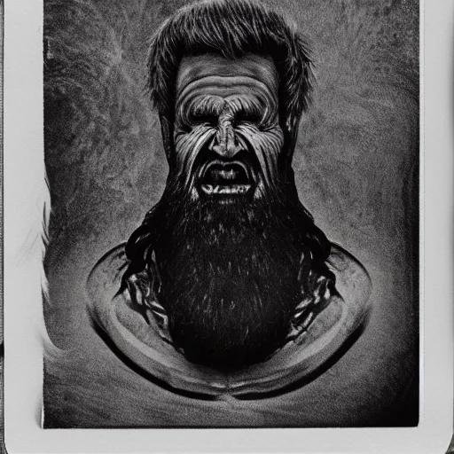 Image similar to portrait of the exiled god, polaroid, cosmic horror, photo realistic, flesh, nightmare, demon, old man, beard, no eyes, hate, anger, monster