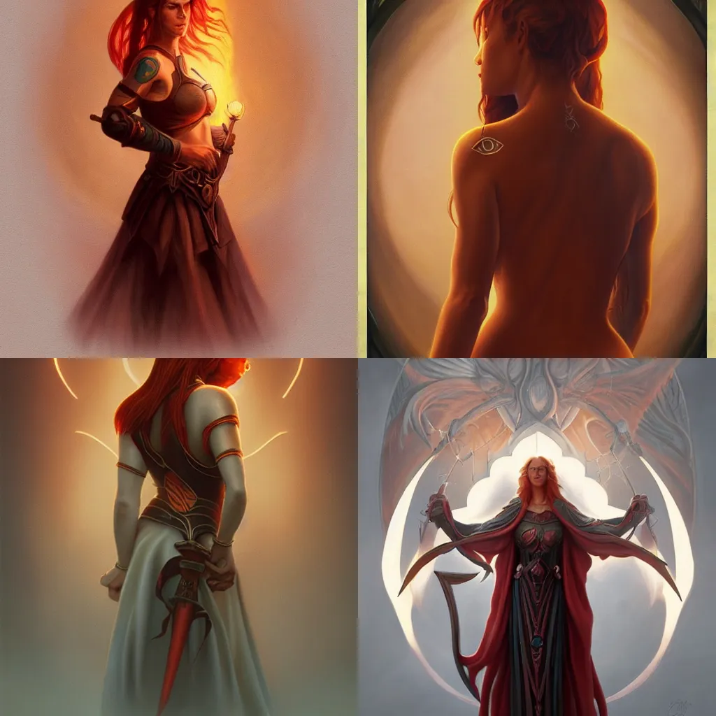 Prompt: sigil of the eternal curse as a glowing tattoo on the back of a red-headed woman 4K trending on ArtStation by Christophe Vacher