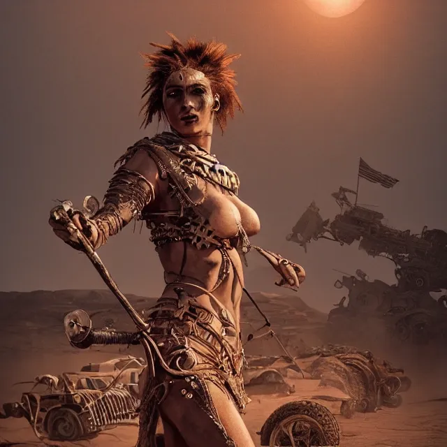 Prompt: woman warrior from mad max, sunny desert, gorgeous, elegant, young gravure idol, an ultrafine hyperdetailed illustration by kim jung gi, irakli nadar, intricate linework, bright colors, unreal engine 5 highly rendered, global illumination, radiant light, detailed and intricate environment