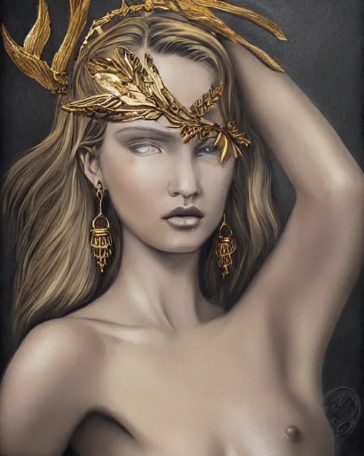 Image similar to tattoo sketch of beautiful super model aphrodite greek goddess wearing a gold laurel wreath and triangle earrings, beautiful piercing gaze with sharp pupils, beautiful blonde hair, in the style of greg rutkowski, fantasy, amazing detail, epic, elegant, smooth, sharp focus, front view