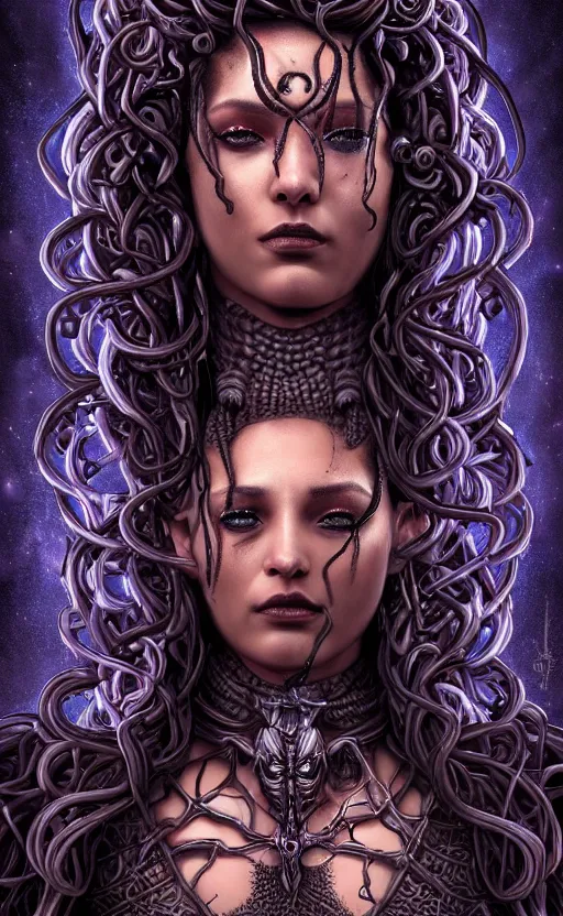 Prompt: highly detailed and intricately made HD mixed media digital art of an epic fantasy comic book style portrait painting of a very beautiful and intimidating nebulapunk Medusa with symmetrical facial features and lots of cyberpunk and cybernetic bio-luminiscent snakes as hair, awesome pose, centered, full body, vibrant dark mood, unreal 5, hyperrealistic, octane render, cosplay, RPG portrait, Sci-fi, arthouse, dynamic lighting, intricate detail, cinematic, HDR digital painting, 8k resolution, enchanting, otherworldly, sense of awe, award winning picture, Hyperdetailed, blurred background, airbrush, backlight, 3d rim light, Gsociety, trending on ArtstationHQ, maximalist, dreamscape, Rococo, surreal dark art, iridiscent accents, Bokeh, cosmic horror, lovecraftian inspiration, very accurately symmetrical portrait