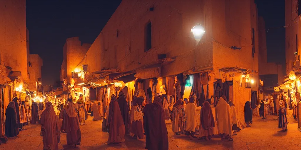 Prompt: el mowlid street rituals in medieval ghardaia, night lights, crowded, cinematic, volumetric light, moody