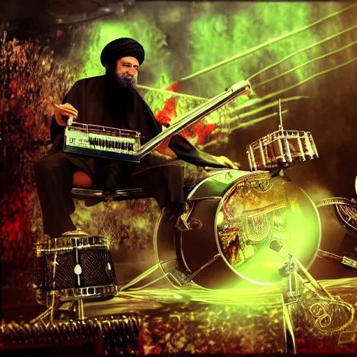 Prompt: khamenei playing drums in heavy metal band in hell, high definition, trending on artstation, unreal engine, photorealistic, high resolution,, trending on deviantart, hdr, hyper detailed, insane details, intricate, elite, ornate, elegant, luxury, dramatic lighting