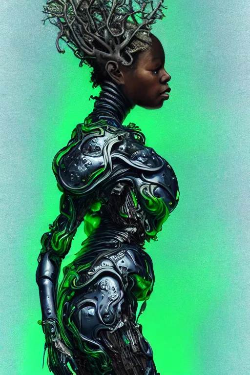 Image similar to hyperrealistic post - baroque super expressive! black woman with exoskeleton armor, merging with tree in a forest, highly detailed digital art masterpiece smooth cam de leon eric zener dramatic pearlescent blue green light ground angle hd 8 k sharp focus