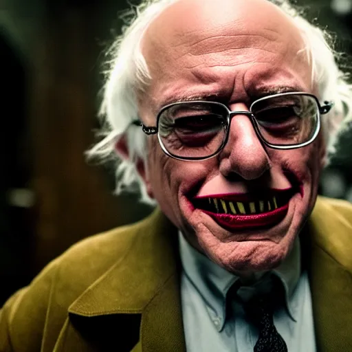 Prompt: stunning awe inspiring bernie sanders dressed as the joker movie still 8 k hdr atmospheric lighting